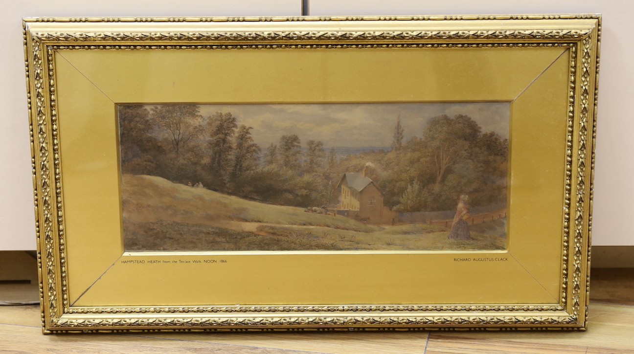 Richard Augustus Clack (1804-1881), watercolour, 'Hampstead Heath from Terrace Walk, Noon 1866', inscribed verso, 15 x 37cm